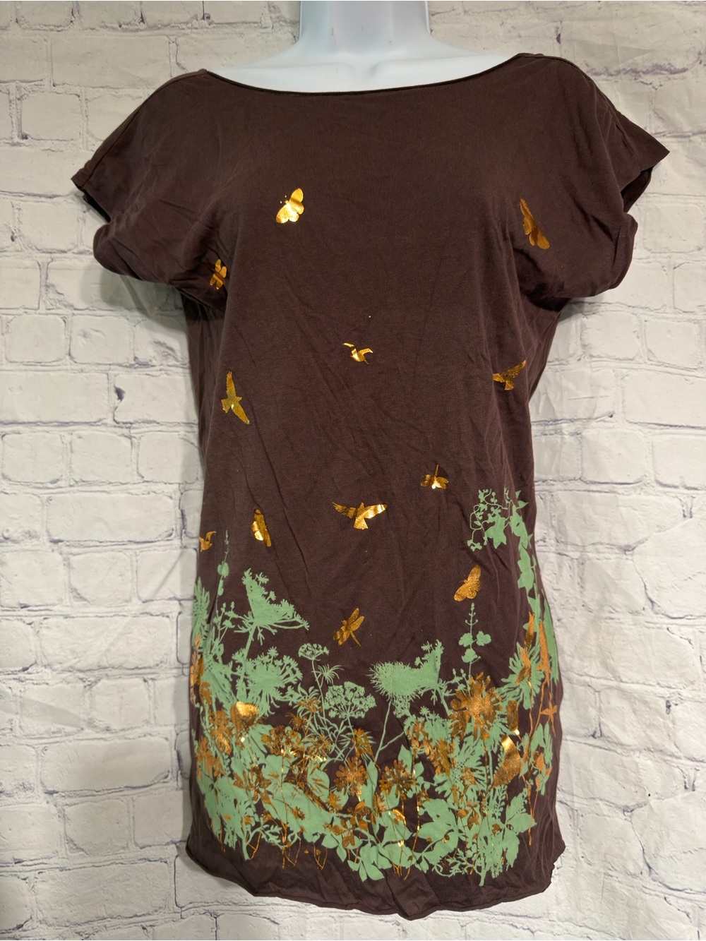 Realitee Clothing Brown Tunic with Gold Foil Butterflies and Mint Floral Medium